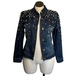 V Cristina Blue Jean Jacket with Pearl Embellishments